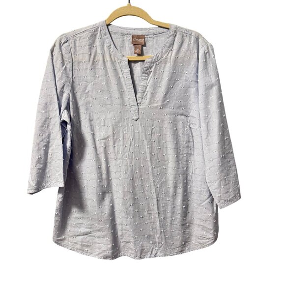 Chicos Size M Light Blue Cotton Textured 3/4 Sleeve Blouse - Picture 1 of 12